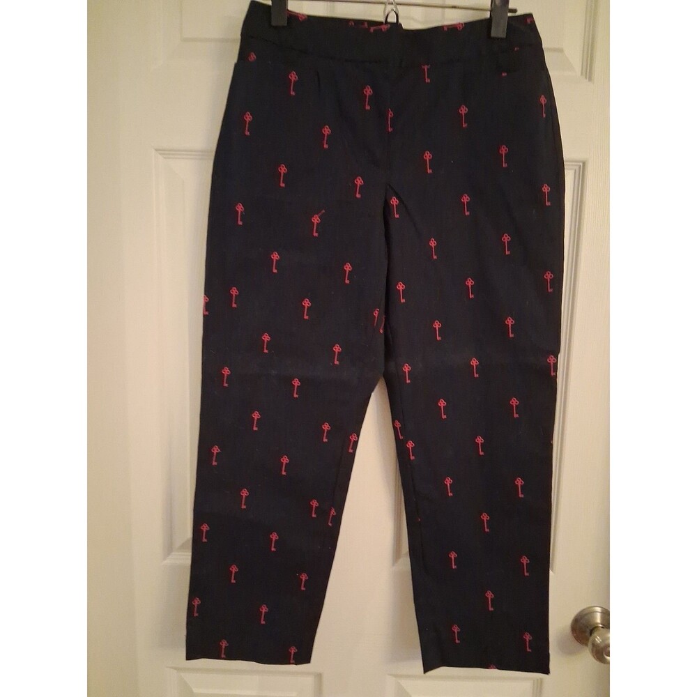 Talbots Pants Womens 6 Petite Navy Blue With Overall Pink Embroidered Keys